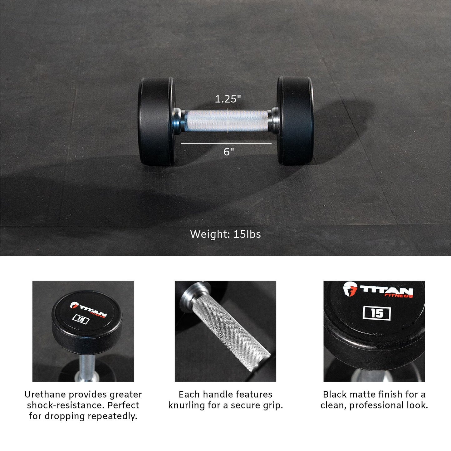 Scratch and Dent - Single 15 LB Round Urethane Dumbbell - FINAL SALE - view 3