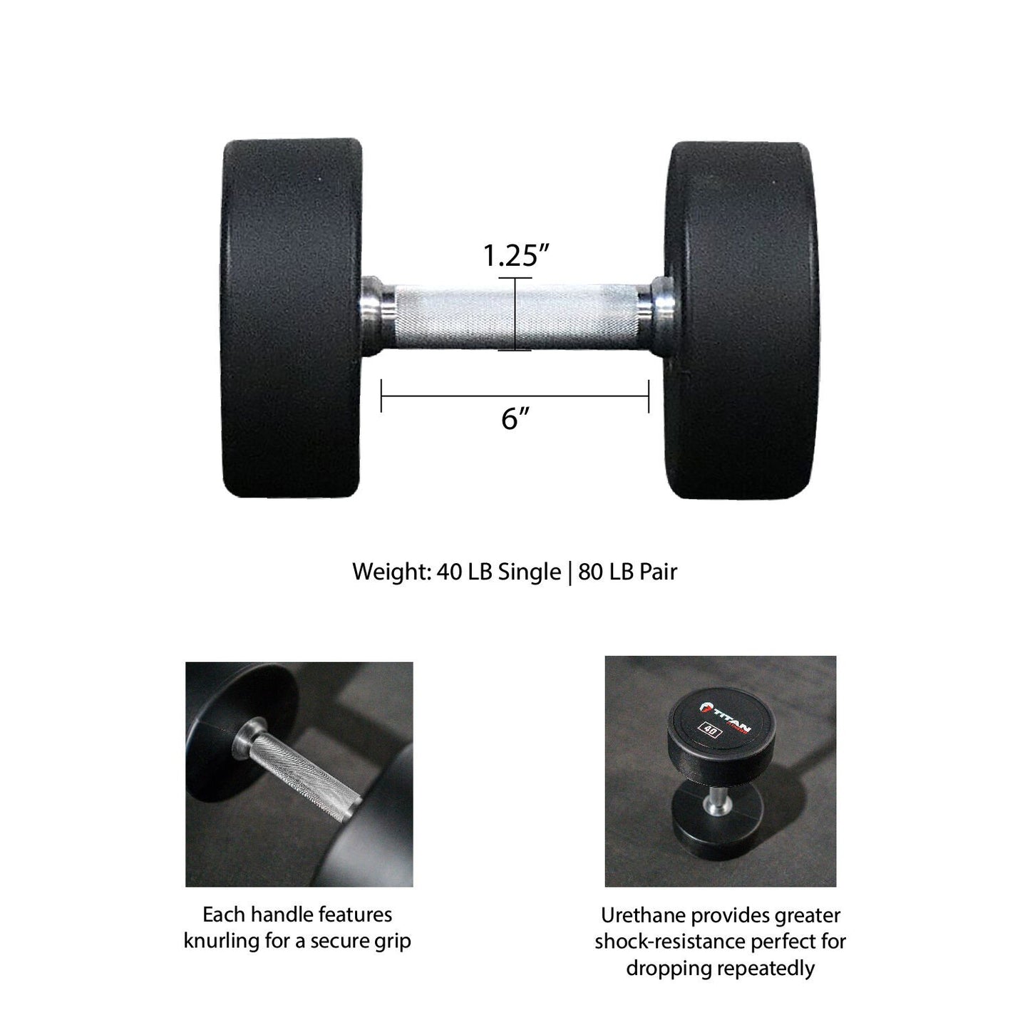 Scratch and Dent - Single 40 LB Round Urethane Dumbbell - FINAL SALE - view 2