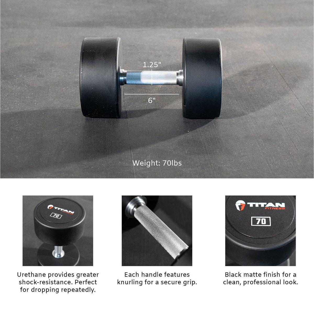 Scratch and Dent - Single 70 LB Round Urethane Dumbbell - FINAL SALE - view 2