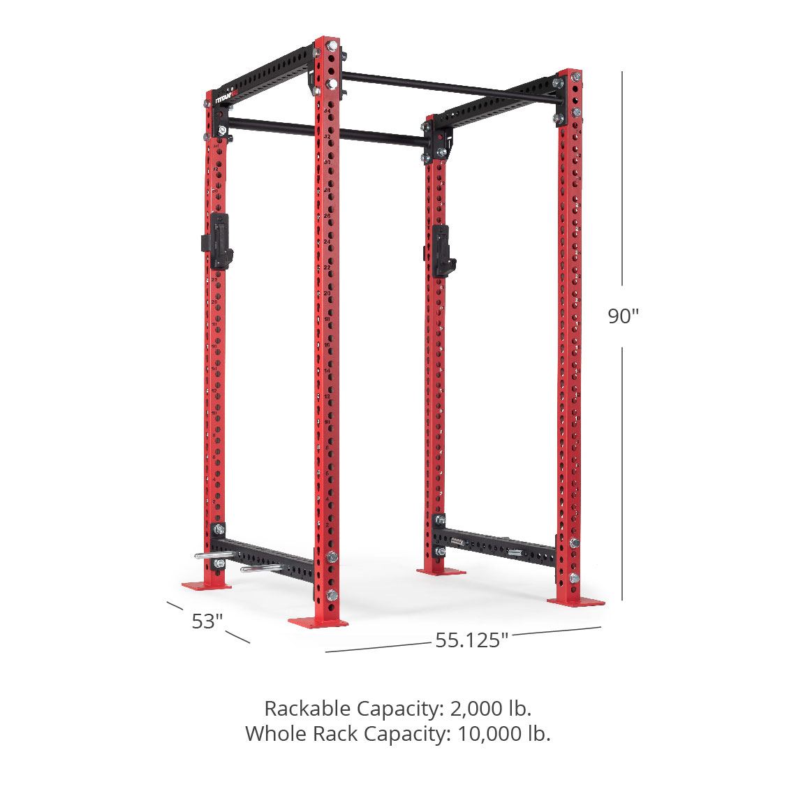TITAN Series Power Rack - 90", 53", 55.125" Rackable Capacity: 2,000 lb Whole Rack Capacity: 10,000 lb. | Red / 2” Fat Pull-Up Bar / Sandwich J-Hooks