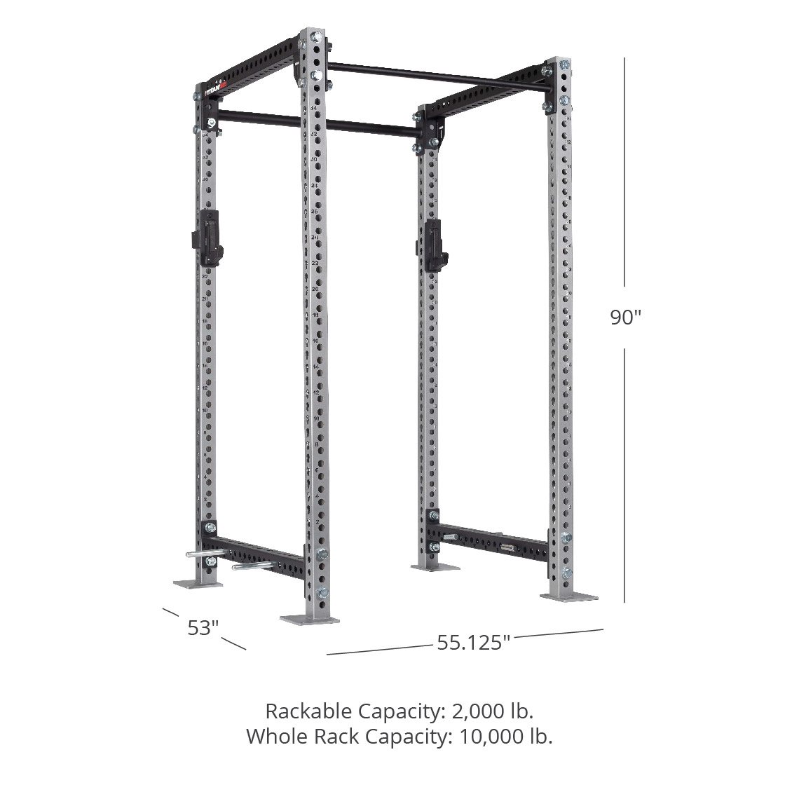 TITAN Series Power Rack - 90", 53", 55.125" Rackable Capacity: 2,000 lb Whole Rack Capacity: 10,000 lb. | Silver / 2” Fat Pull-Up Bar / Sandwich J-Hooks - view 60