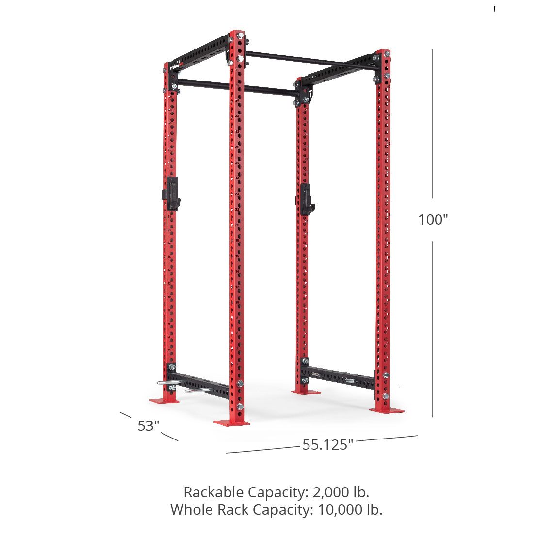 TITAN Series Power Rack - 90", 53", 55.125" Rackable Capacity: 2,000 lb Whole Rack Capacity: 10,000 lb. | Red / 2” Fat Pull-Up Bar / Sandwich J-Hooks - view 55