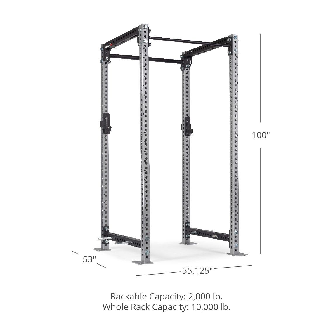 TITAN Series Power Rack - 90", 53", 55.125" Rackable Capacity: 2,000 lb Whole Rack Capacity: 10,000 lb. | Silver / 2” Fat Pull-Up Bar / Sandwich J-Hooks