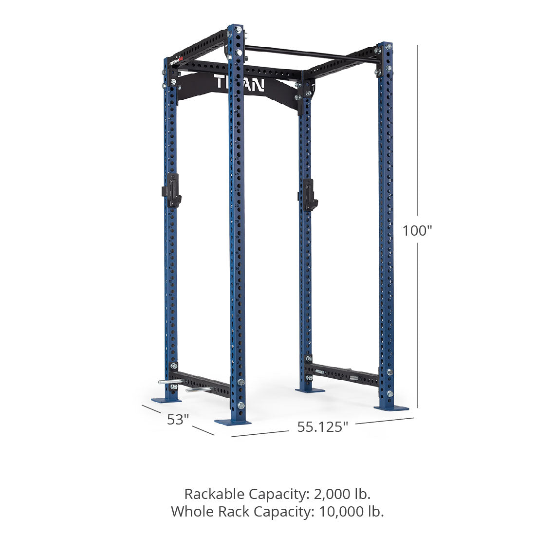 TITAN Series Power Rack - 90", 53", 55.125" Rackable Capacity: 2,000 lb Whole Rack Capacity: 10,000 lb. | Navy / Crossmember Nameplate / Sandwich J-Hooks