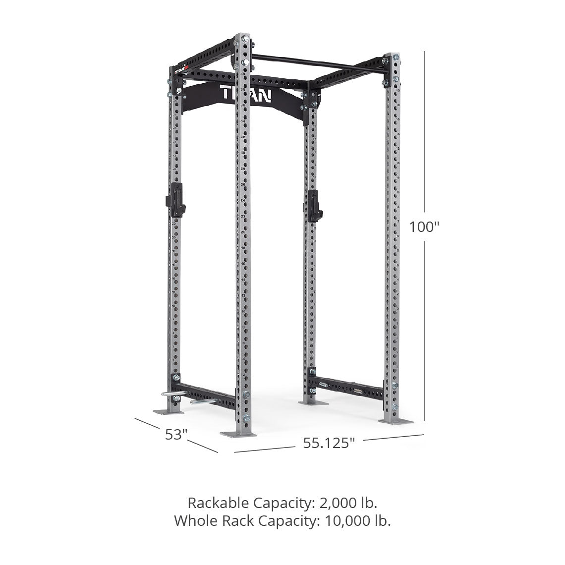 TITAN Series Power Rack - 90", 53", 55.125" Rackable Capacity: 2,000 lb Whole Rack Capacity: 10,000 lb. | Silver / Crossmember Nameplate / Sandwich J-Hooks