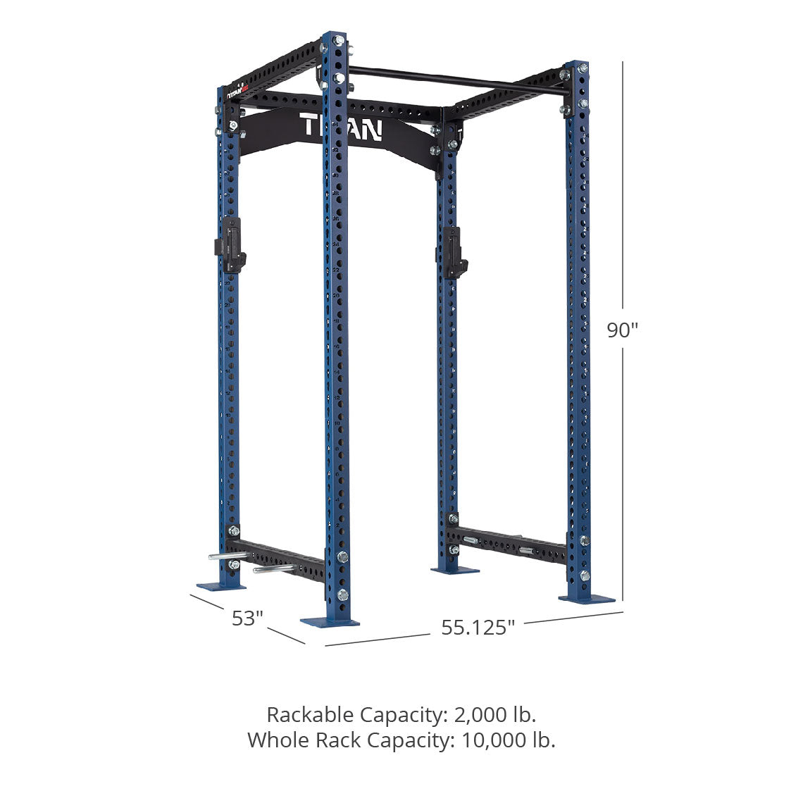 TITAN Series Power Rack - 90", 53", 55.125" Rackable Capacity: 2,000 lb Whole Rack Capacity: 10,000 lb. | Navy / Crossmember Nameplate / No J-Hooks