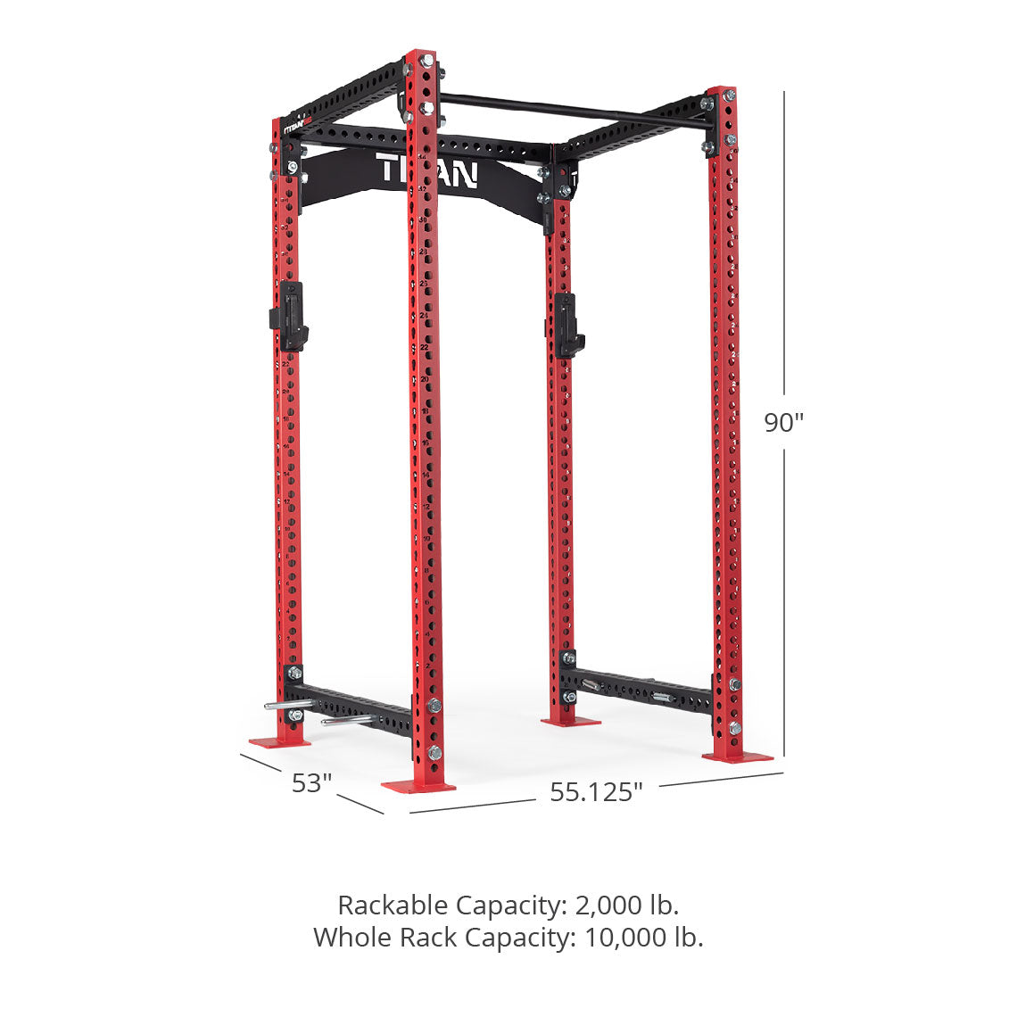 TITAN Series Power Rack - 90", 53", 55.125" Rackable Capacity: 2,000 lb Whole Rack Capacity: 10,000 lb. | Red / Crossmember Nameplate / No J-Hooks