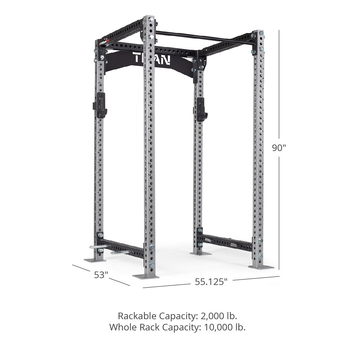 TITAN Series Power Rack - 90", 53", 55.125" Rackable Capacity: 2,000 lb Whole Rack Capacity: 10,000 lb. | Silver / Crossmember Nameplate / No J-Hooks - view 132