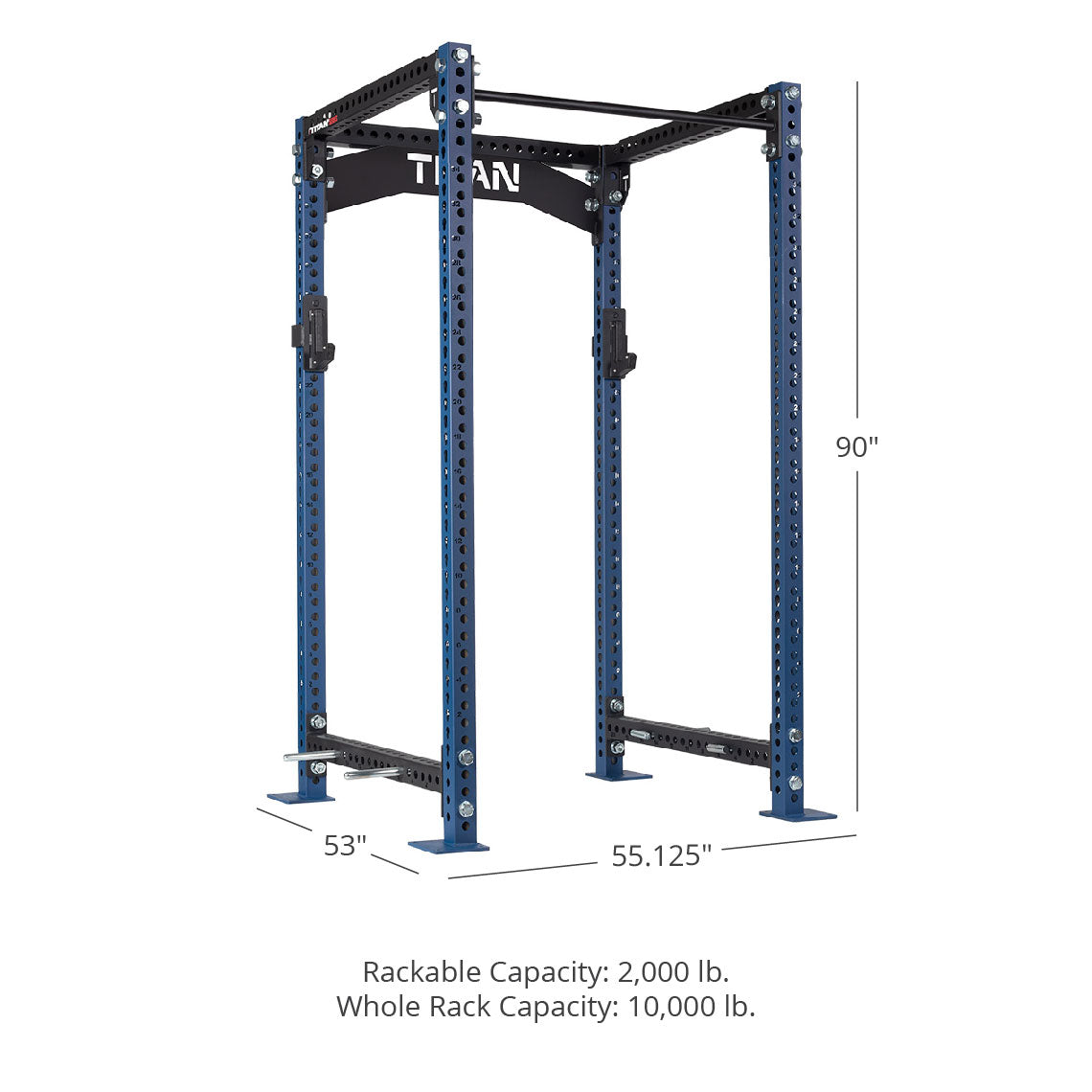 TITAN Series Power Rack - 90", 53", 55.125" Rackable Capacity: 2,000 lb Whole Rack Capacity: 10,000 lb. | Navy / Crossmember Nameplate / Roller J-Hooks - view 194