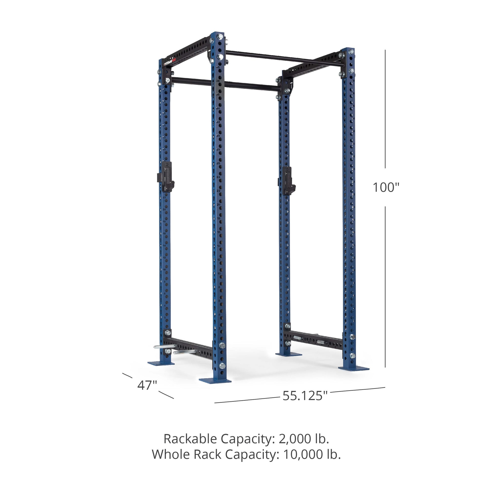 TITAN Series Power Rack - 90", 53", 55.125" Rackable Capacity: 2,000 lb Whole Rack Capacity: 10,000 lb. | Navy / 2” Fat Pull-Up Bar / Roller J-Hooks