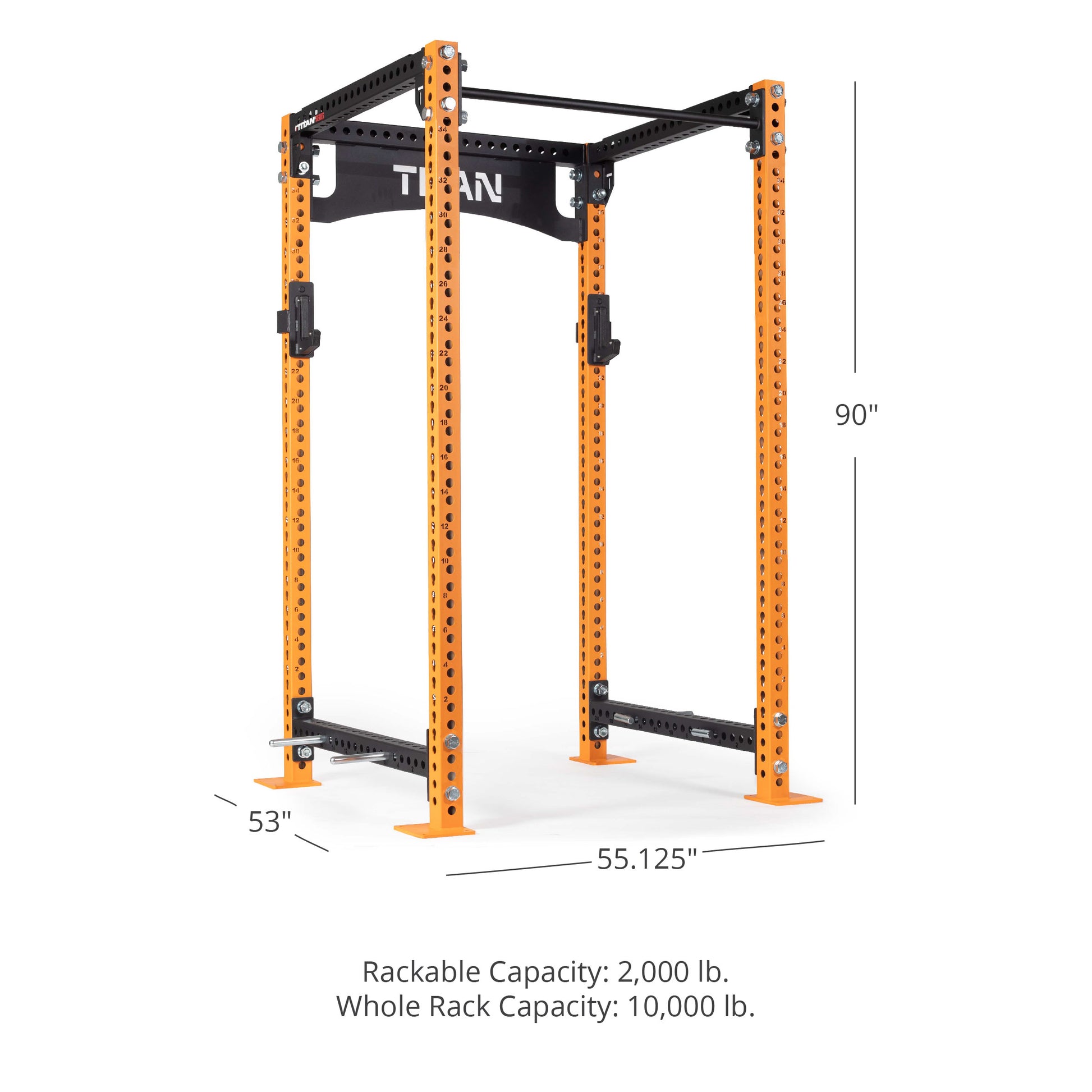 TITAN Series Power Rack - Bolt Down Options | Orange / 2” Fat Pull-Up Bar / Roller J-Hooks