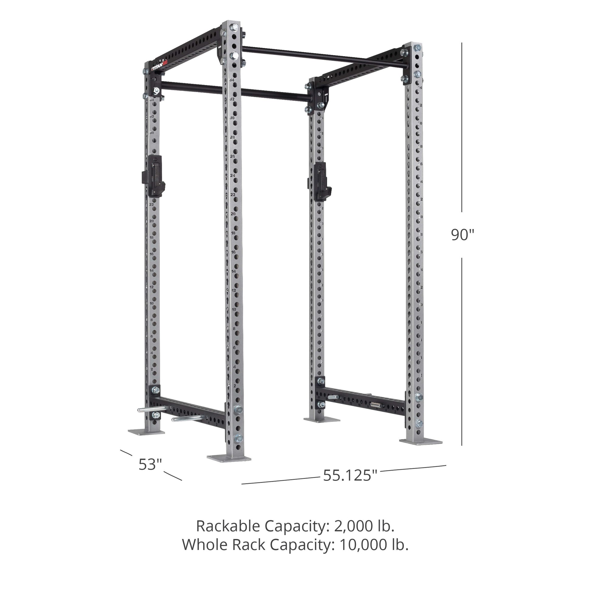 TITAN Series Power Rack - 90", 53", 55.125" Rackable Capacity: 2,000 lb Whole Rack Capacity: 10,000 lb. | Silver / 2” Fat Pull-Up Bar / Roller J-Hooks