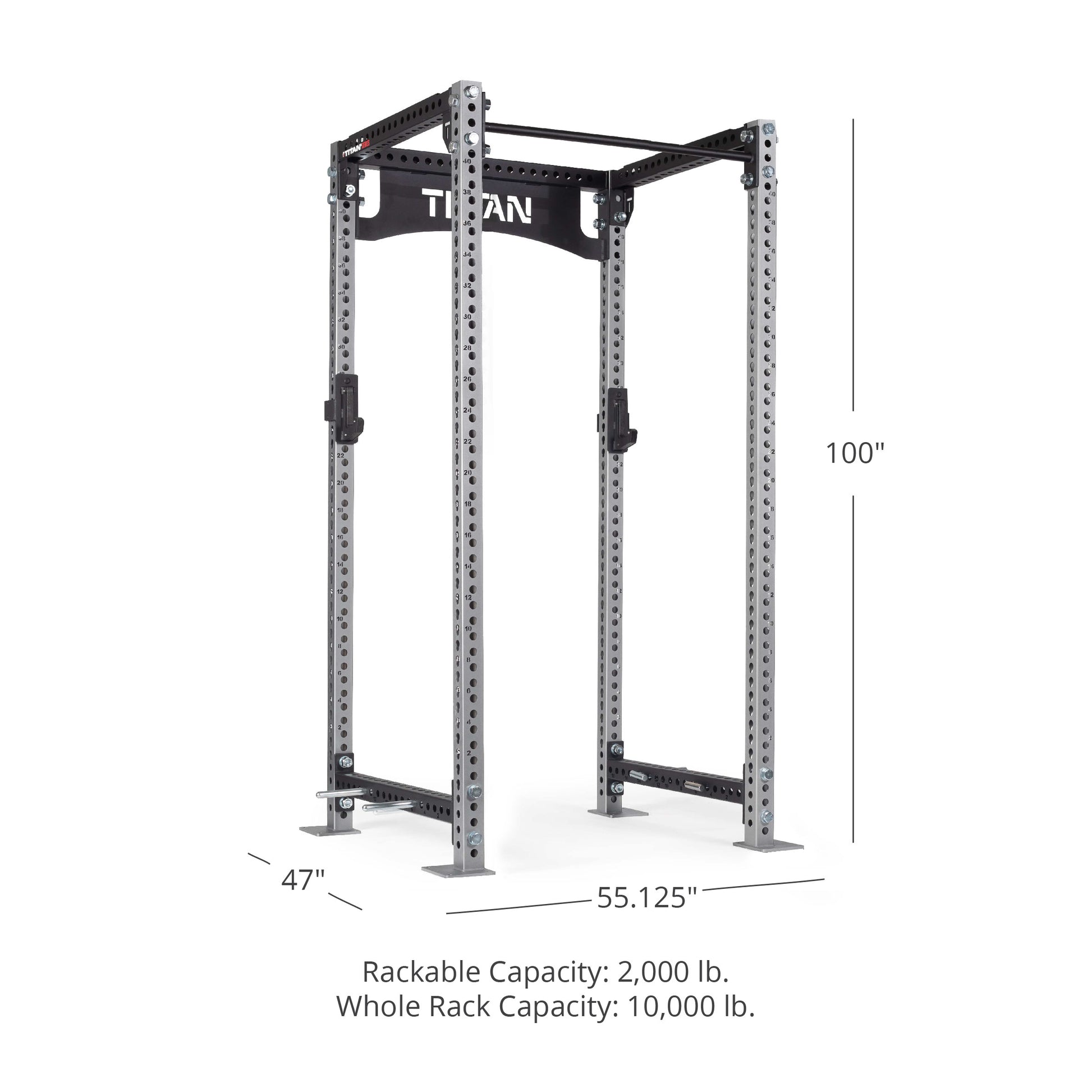 TITAN Series Power Rack - 90", 53", 55.125" Rackable Capacity: 2,000 lb Whole Rack Capacity: 10,000 lb. | Silver / 2” Fat Pull-Up Bar / Roller J-Hooks