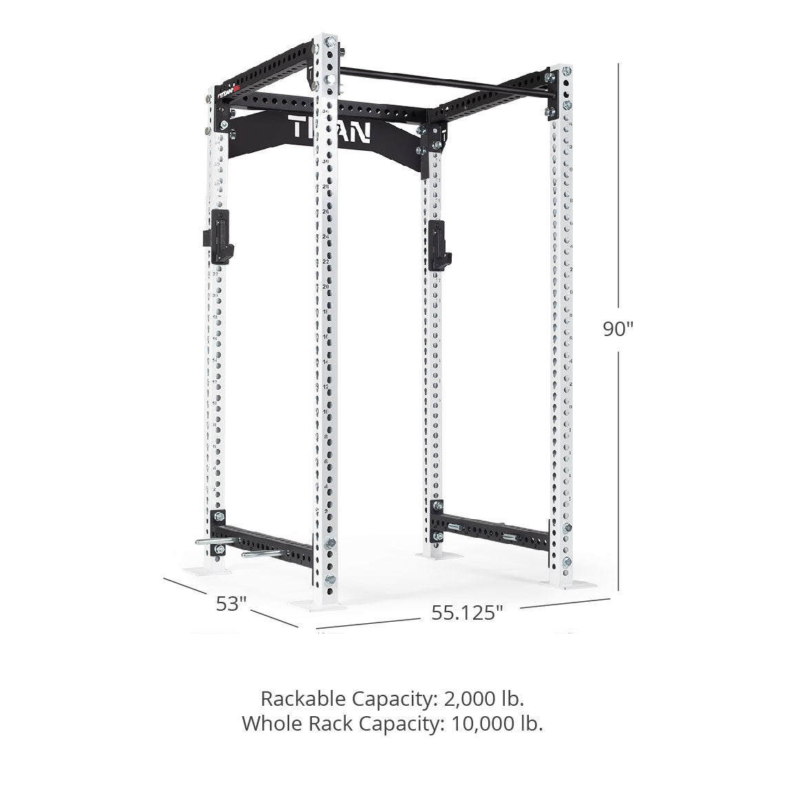 TITAN Series Power Rack - 90", 53", 55.125" Rackable Capacity: 2,000 lb Whole Rack Capacity: 10,000 lb. | White / Crossmember Nameplate / Roller J-Hooks - view 222