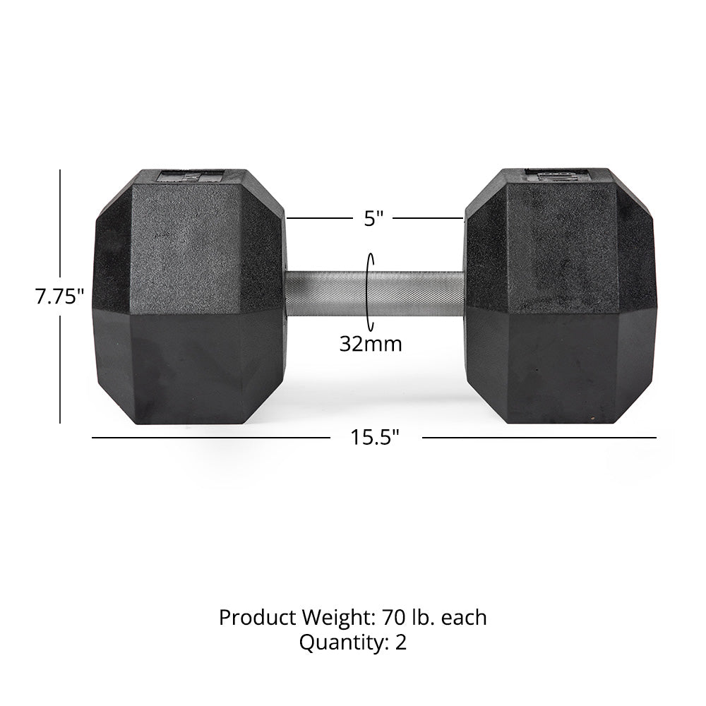70 LB Straight Stainless Steel Hex Dumbbells