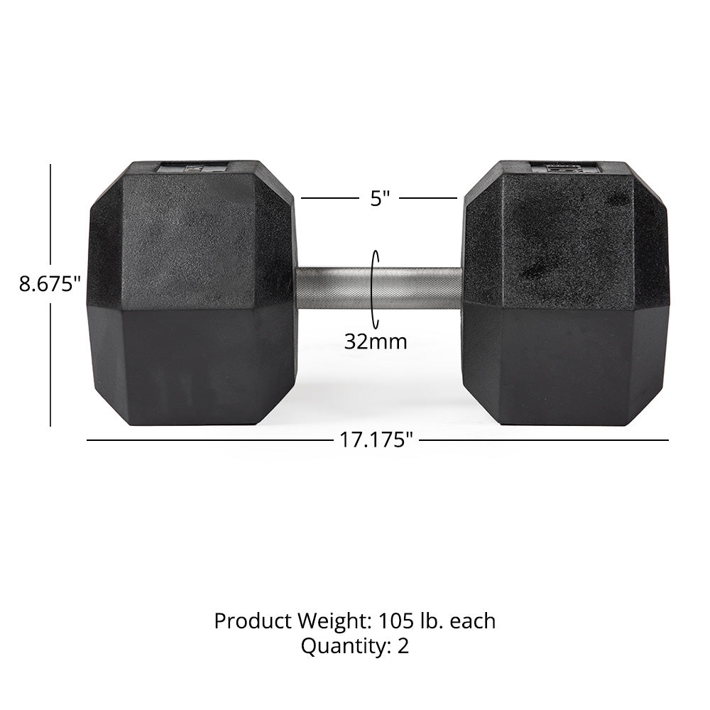 105 LB Straight Stainless Steel Hex Dumbbells
